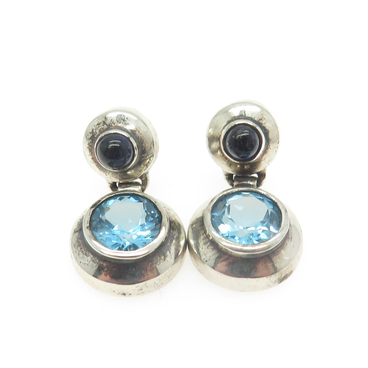 925 Sterling Silver Vintage Real Blue Topaz & Iolite Round Drop Earrings