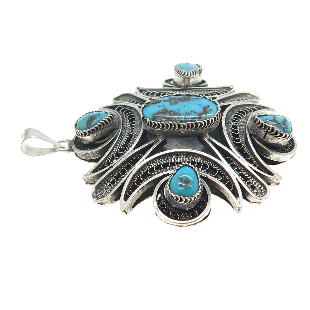 800 Silver Vintage Egypt Real Morenci Turquoise Filigree Pendant