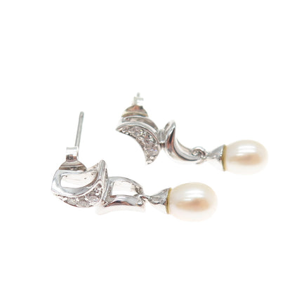 925 Sterling Silver Real Pearl & Round-Cut C Z Crescent Dangle Earrings