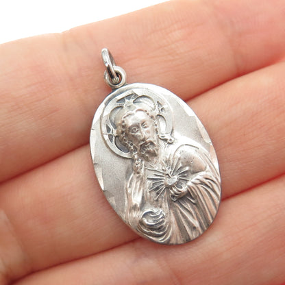 925 Sterling Silver Antique Art Deco Jesus Sacred Heart Medal Charm Pendant