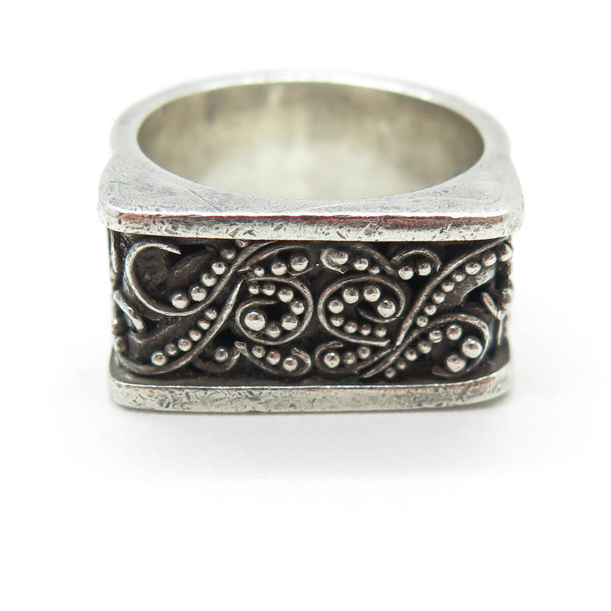 LOIS HILL 925 Sterling Silver Vintage Granulated Scroll Oxidized Ring Size 8.25