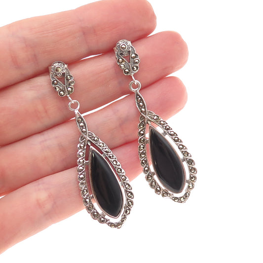 835 Silver Vintage Real Black Onyx & Marcasite Oxidized Dangle Earrings