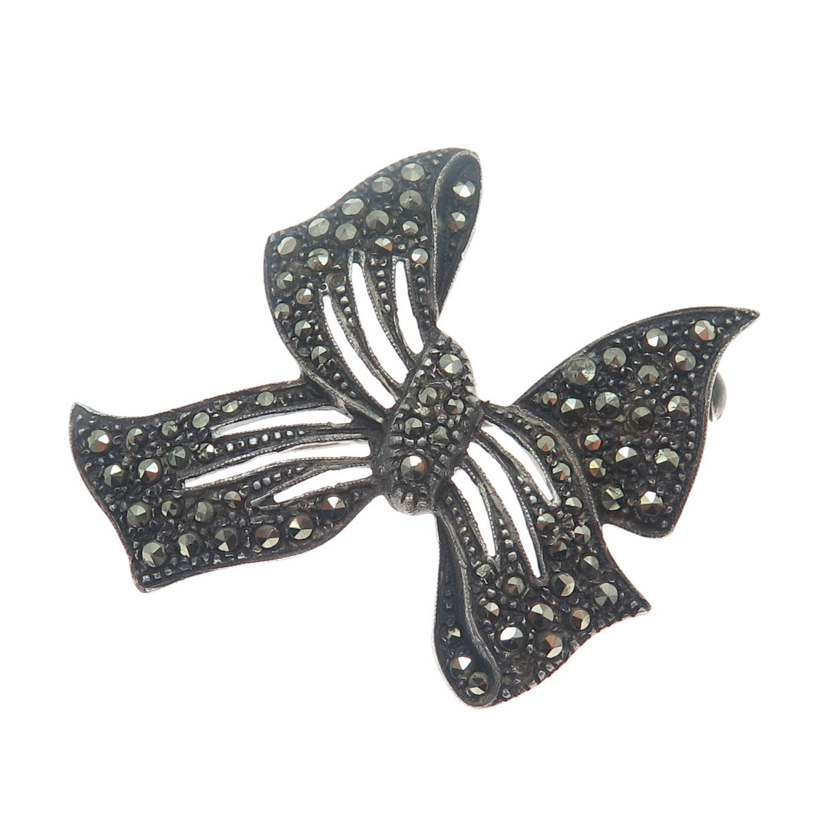 935 Silver Antique RES Germany Marcasite Bow Oxidized Brooch (missing 1 stone)