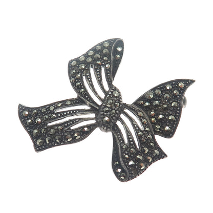 935 Silver Antique RES Germany Marcasite Bow Oxidized Brooch (missing 1 stone)