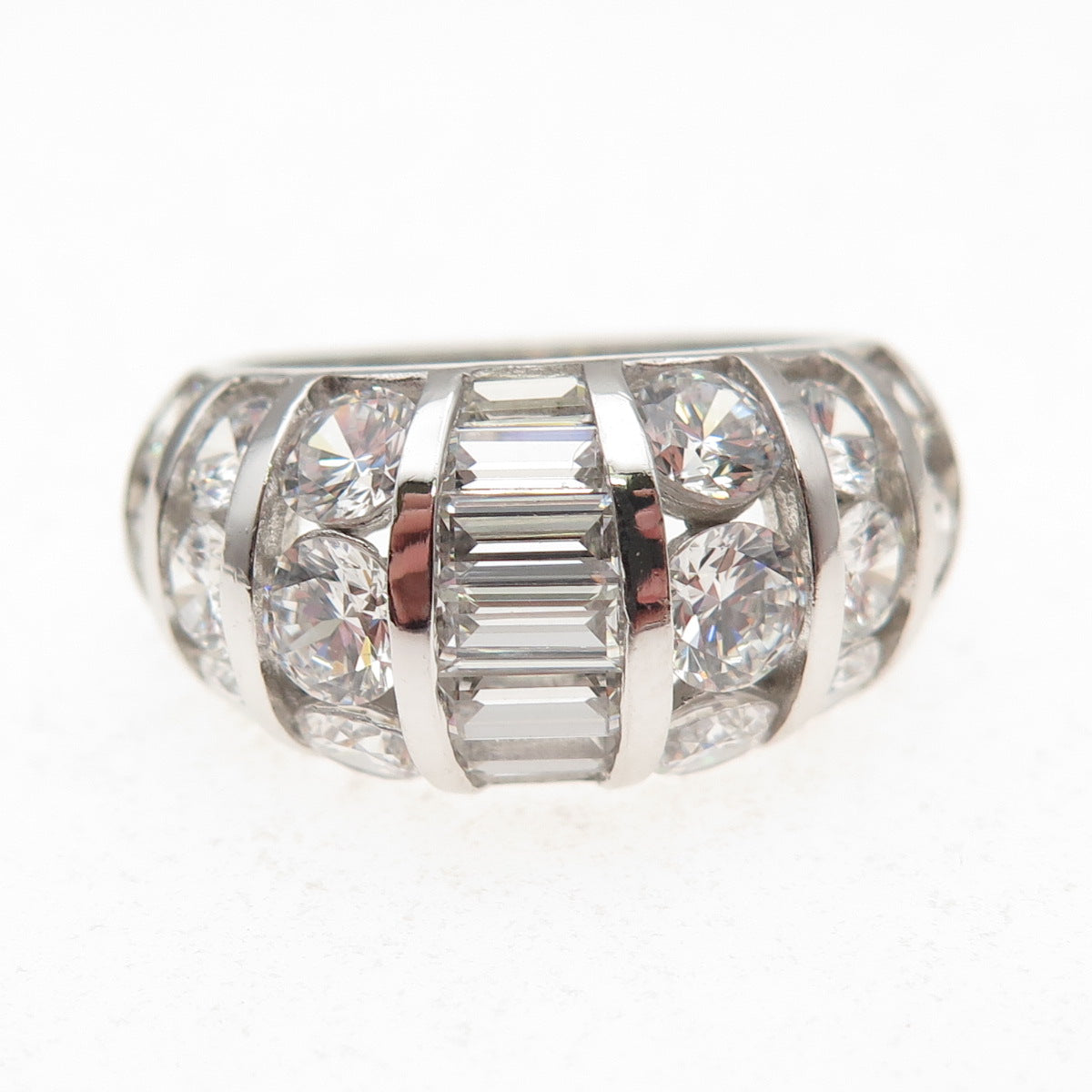 925 Sterling Silver Round & Emerald-Cut C Z Dome Ring Size 7