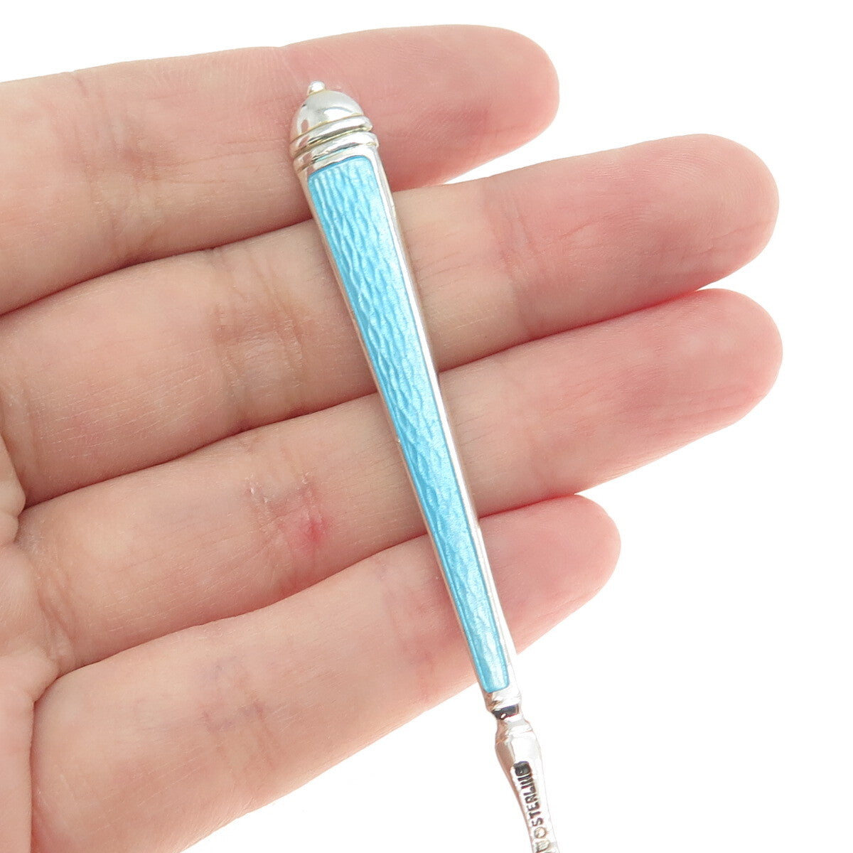 WATSON 925 Sterling Silver Vintage Blue & White Guilloche Enamel Coffee Spoon