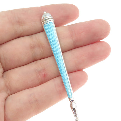 WATSON 925 Sterling Silver Vintage Blue & White Guilloche Enamel Coffee Spoon