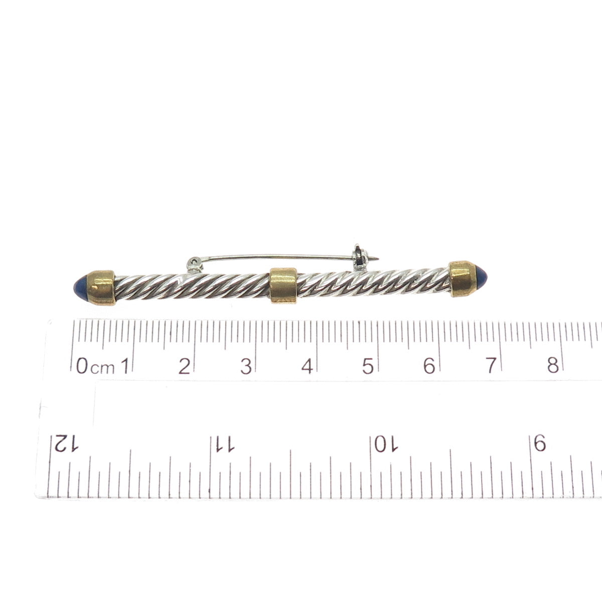925 Sterling Silver 2-Tone Vintage Real Sodalite Bar Oxidized Pin Brooch