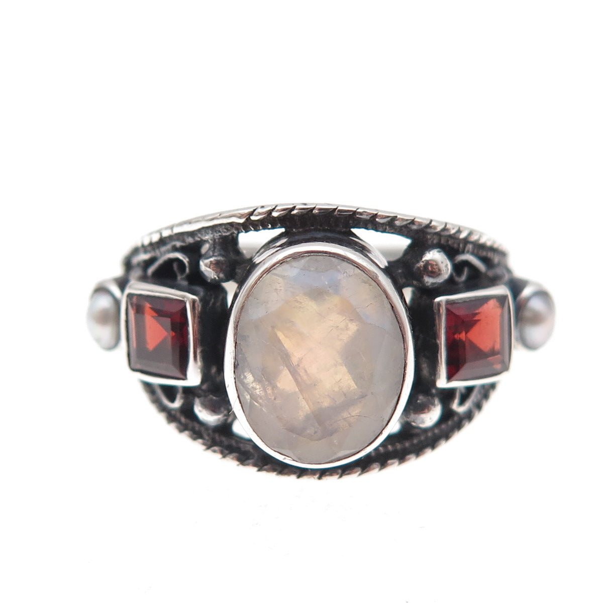Nicky Butler 925 Sterling Silver Vintage Real Moonstone Garnet Pearl Ring Size 7