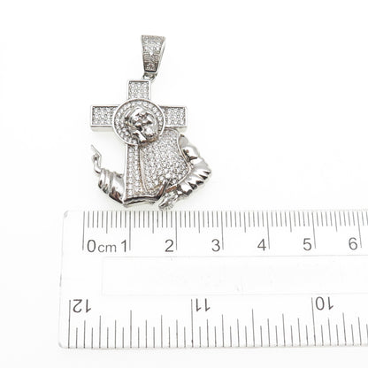 925 Sterling Silver Round-Cut C Z Jesus & Cross Charm Pendant