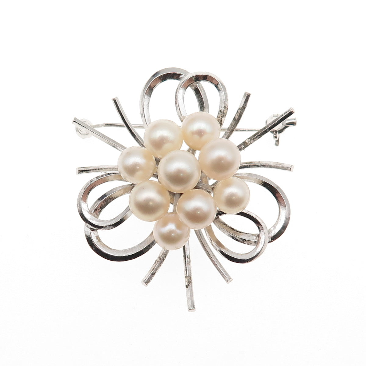925 Sterling Silver Antique Art Deco Real Akoya Pearl Floral Pin Brooch