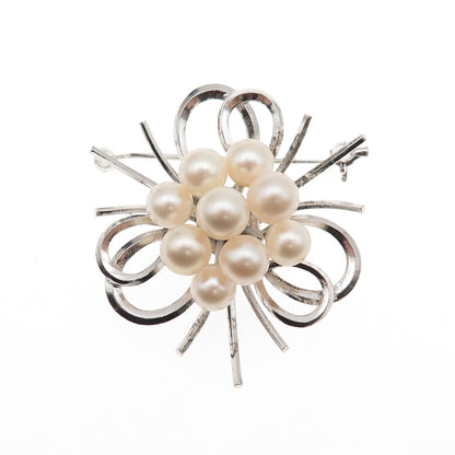925 Sterling Silver Antique Art Deco Real Akoya Pearl Floral Pin Brooch