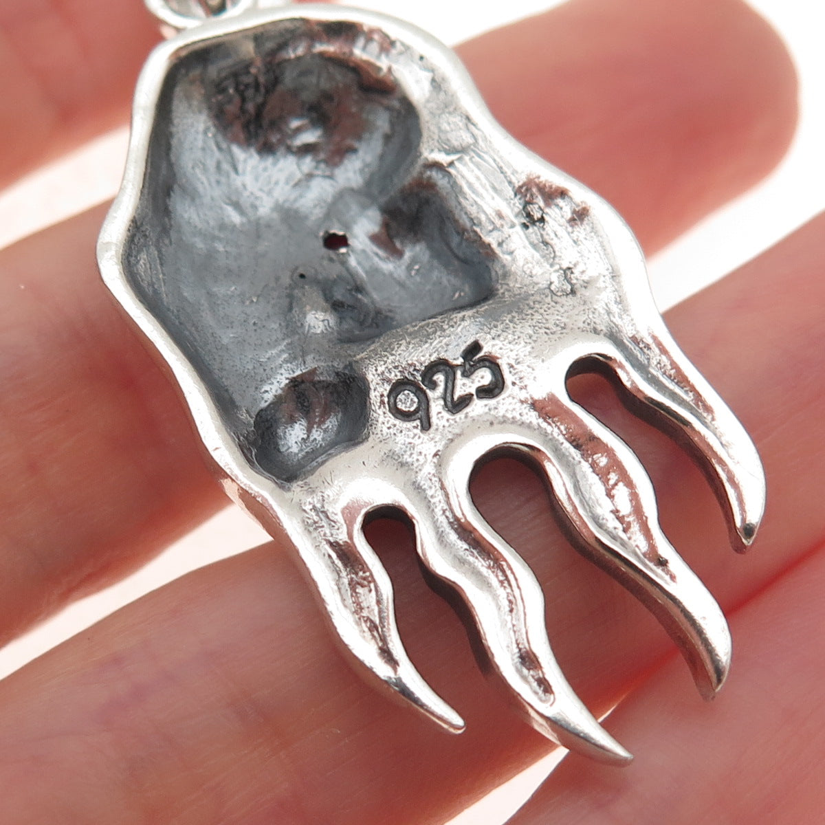 925 Sterling Silver Vintage Real Ruby Santa Muerte Oxidized Charm Pendant