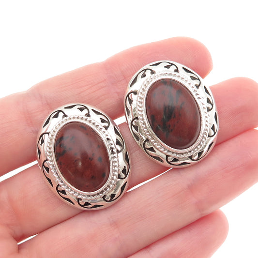 925 Sterling Silver Vintage CII Mexico Real Red Jasper Modernist Floral Earrings