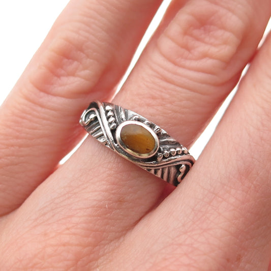 925 Sterling Silver Vintage Real Tiger Eye Floral Oxidized Ring Size 6