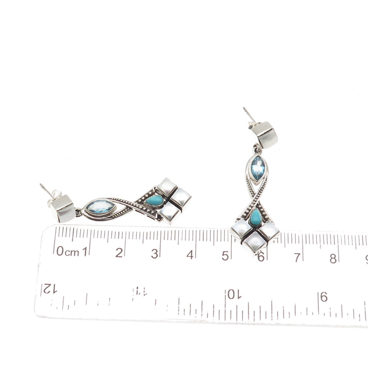 Nicky Butler 925 Sterling Silver Vintage Real Blue Topaz Turquoise MOP Earrings
