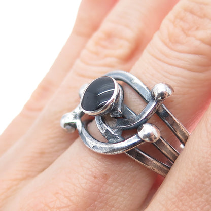 925 Sterling Silver Vintage Real Black Onyx Modernist Oxidized Ring Size 9.25