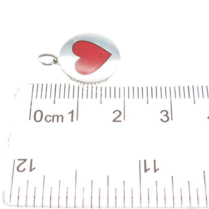 925 Sterling Silver Red Enamel Heart Round Tag Minimalist Charm Pendant