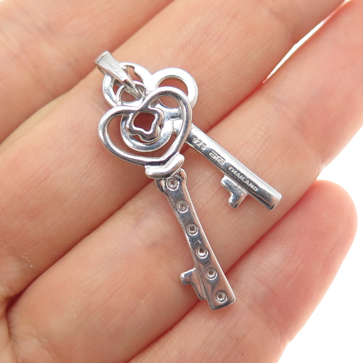 925 Sterling Silver Real Round-Cut Diamond Heart & Club Key Charm Pendant