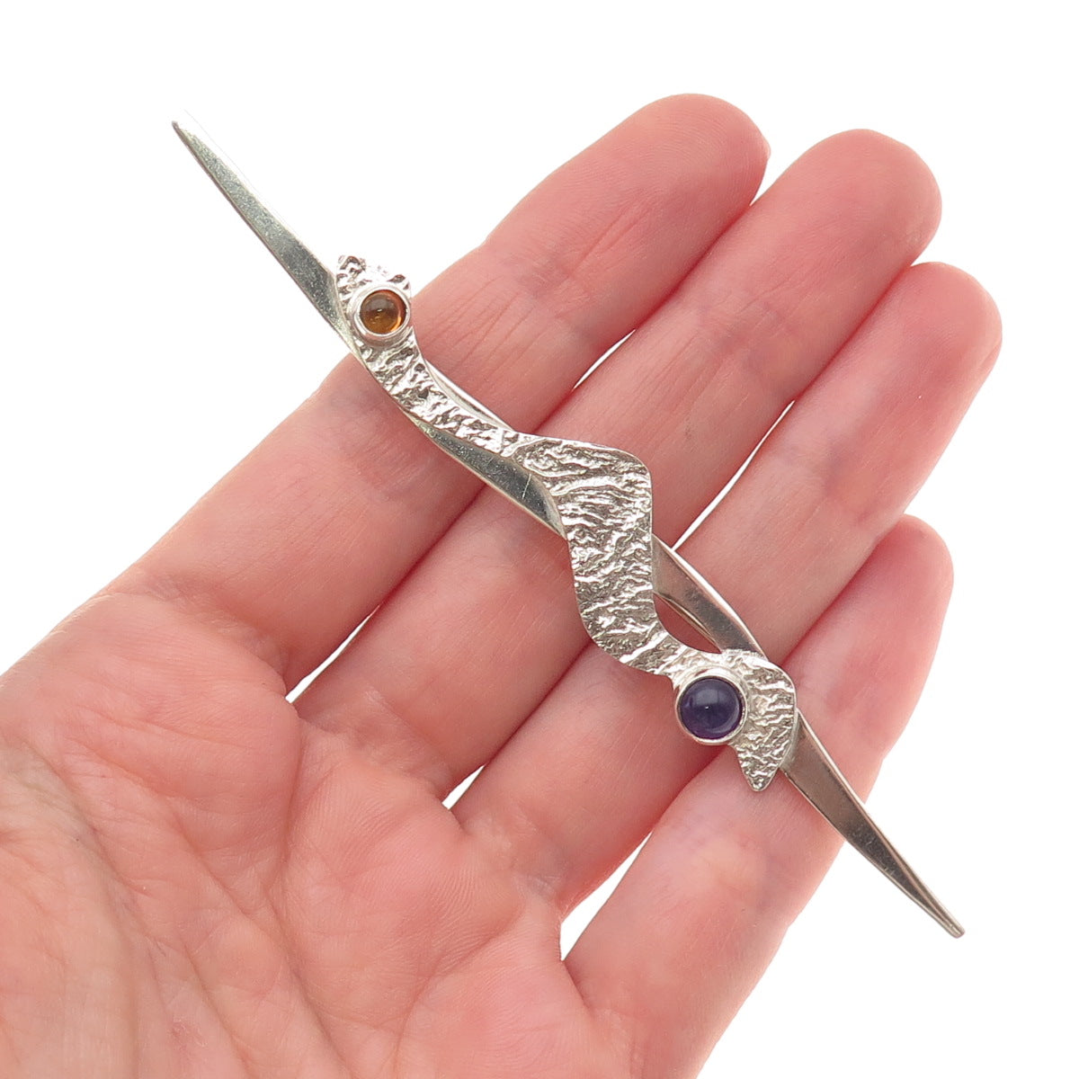 925 Sterling Silver Vintage Artisan Real Amethyst & Citrine Modernist Pin Brooch