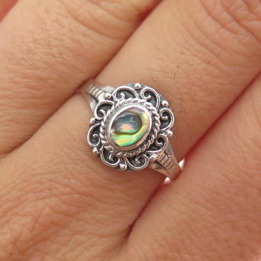 925 Sterling Silver Vintage Real Abalone Shell Flower Oxidized Ring Size 8.25