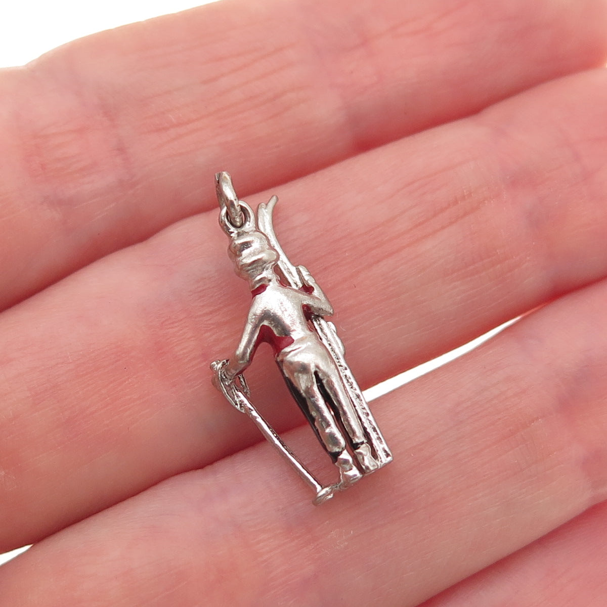Wells Sterling Silver Antique Art Deco Enamel Female Skier Mini Charm Pendant