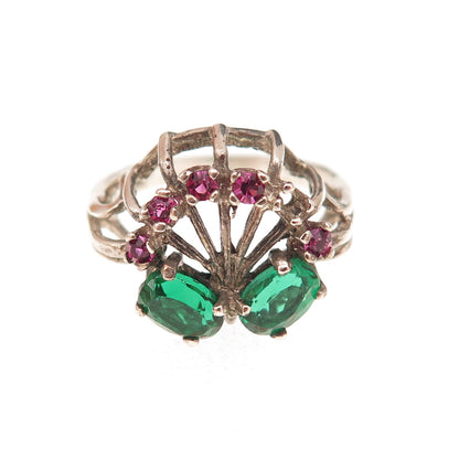 925 Sterling Vintage Green & Pink Rhinestone Ring Size 6.5 (missing 1 stone)
