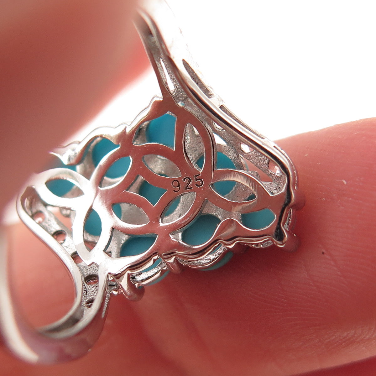925 Sterling 2-Tone Real Sleeping Beauty Turquoise & White Topaz Ring Size 7.25