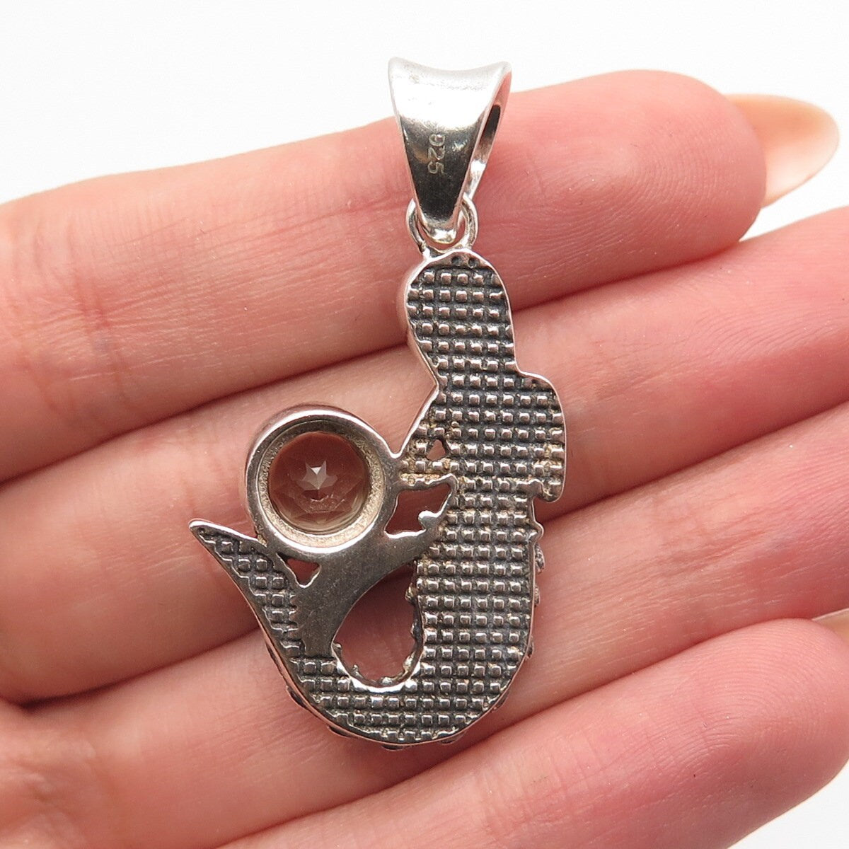 925 Sterling Silver Vintage Real Prasiolite Gemstone Mythical Mermaid Pendant