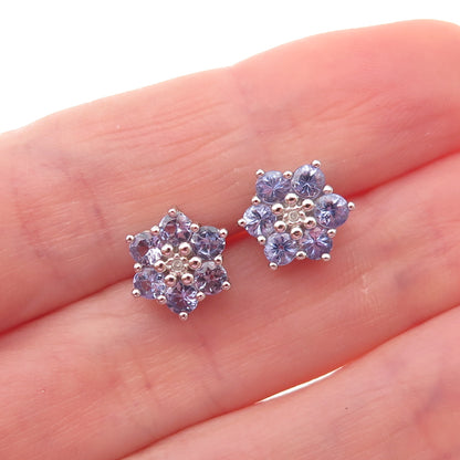 925 Sterling Silver Real Round-Cut Diamond & Tanzanite Floral Stud Earrings