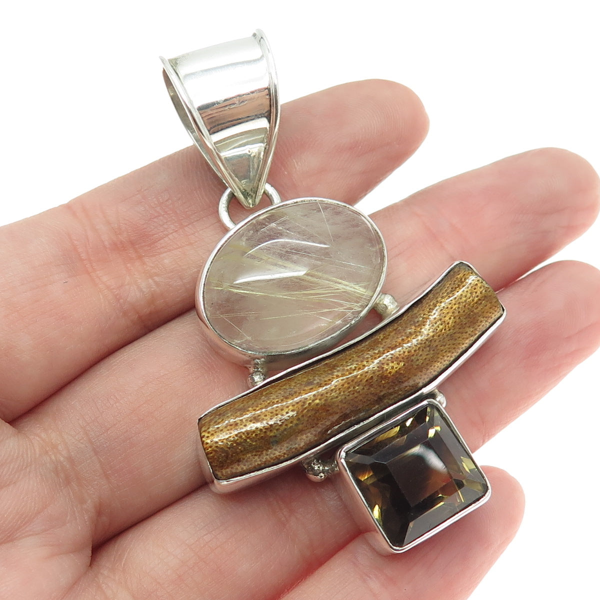 925 Sterling Silver Vintage Real Rutilated & Smoky Quartz Wood Amulet Pendant