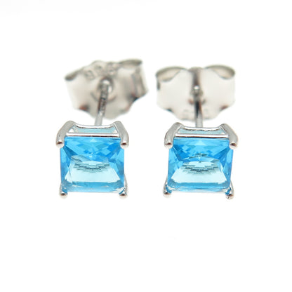 925 Sterling Silver Princess-Cut Shaped Swiss Blue C Z Stud Earrings