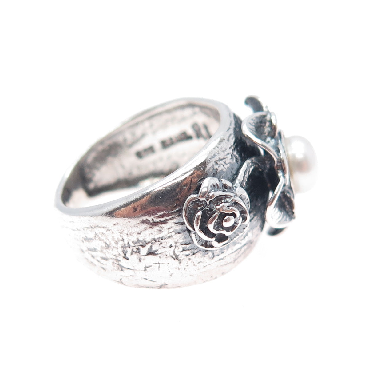 REGINA LANE 925 Sterling Silver Vintage Israel Real Pearl Flower Ring Size 7.5
