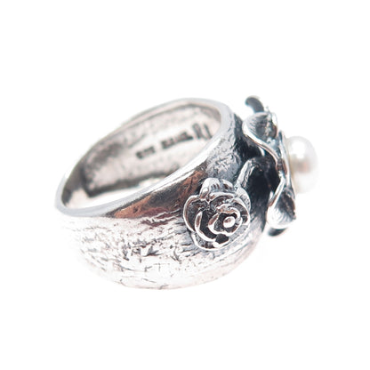 REGINA LANE 925 Sterling Silver Vintage Israel Real Pearl Flower Ring Size 7.5