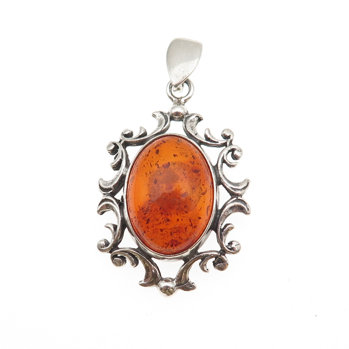 925 Sterling Silver Vintage Real Amber Modernist Floral Charm Pendant