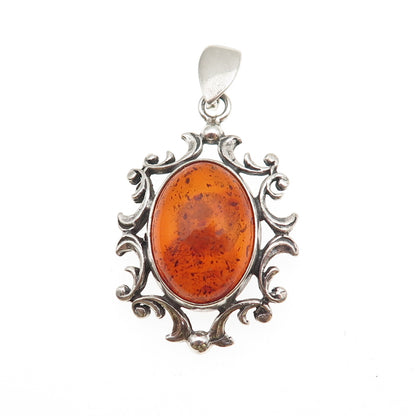 925 Sterling Silver Vintage Real Amber Modernist Floral Charm Pendant