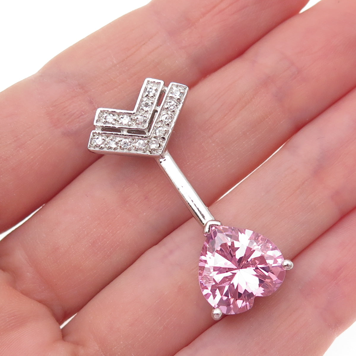 925 Sterling Silver Pink & White C Z Heart Arrow Slide Charm Pendant