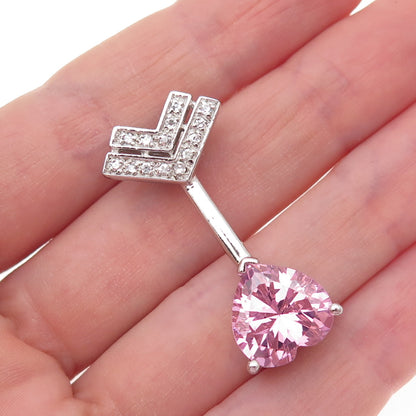 925 Sterling Silver Pink & White C Z Heart Arrow Slide Charm Pendant