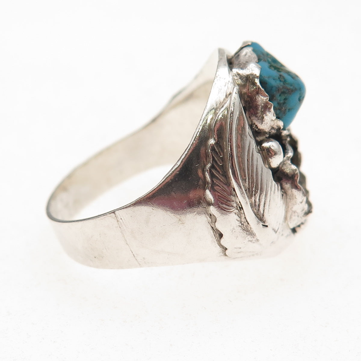 Old Pawn 925 Sterling Vintage Turquoise Feather Ring Size 13 (missing 1 stone)