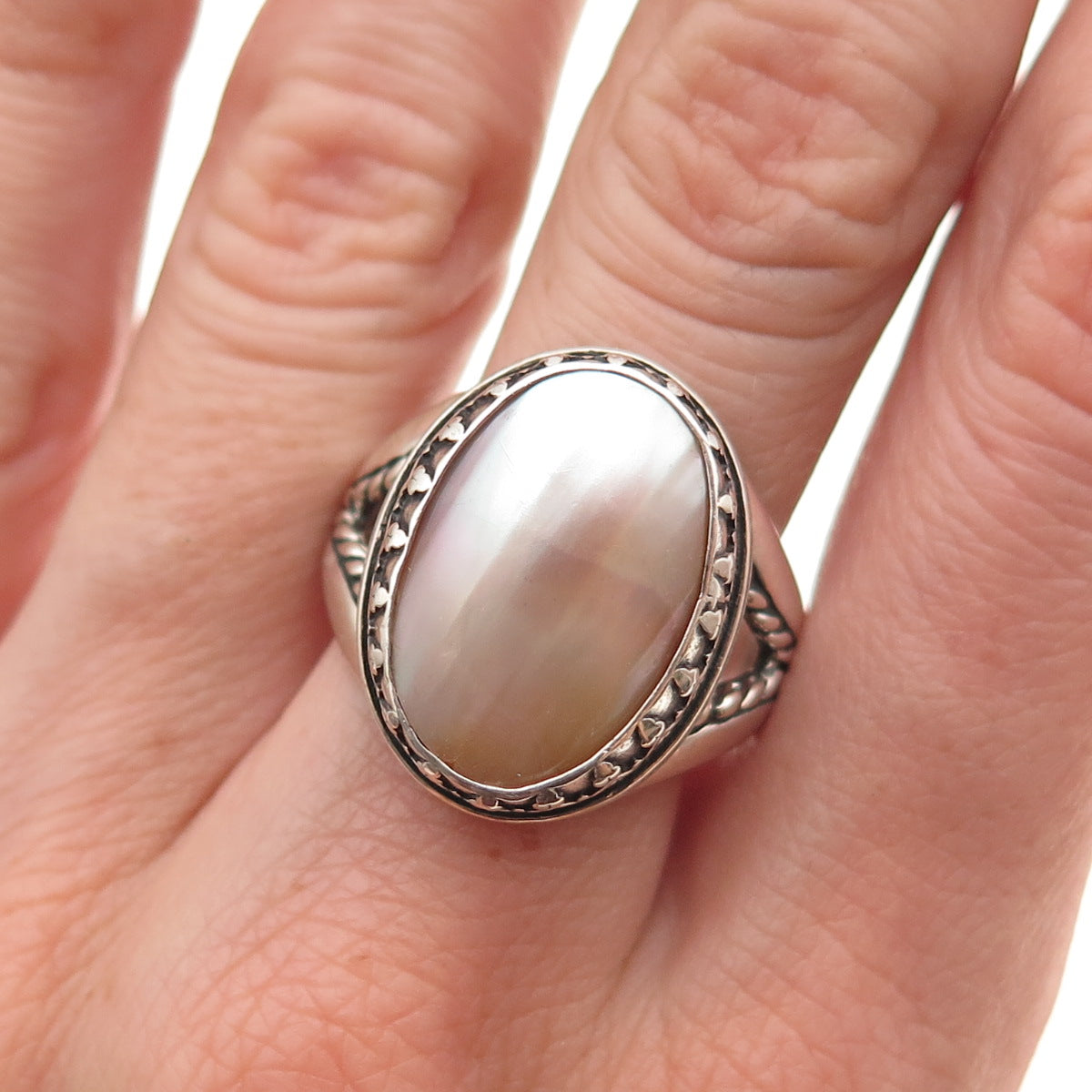 Carolyn Pollack 925 Sterling Silver Vintage Real MOP Crown Oxidized Ring Size 10