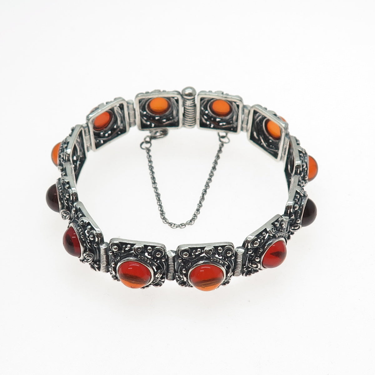 925 Sterling Silver Vintage Poland Real Amber Granulated Oxidized Bracelet 7.75"