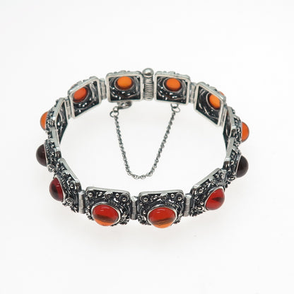 925 Sterling Silver Vintage Poland Real Amber Granulated Oxidized Bracelet 7.75"