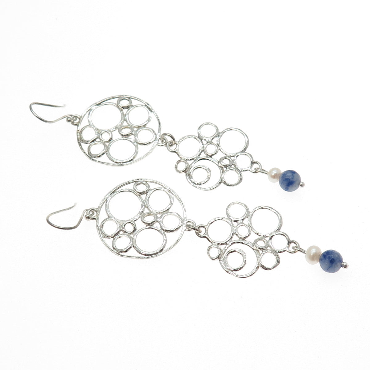 925 Sterling Silver Vintage Real Pearl Sodalite Modernist Circle Dangle Earrings