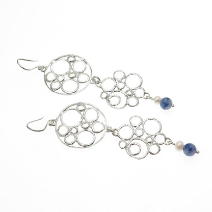 925 Sterling Silver Vintage Real Pearl Sodalite Modernist Circle Dangle Earrings