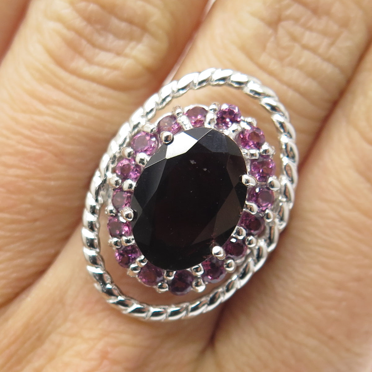 FADI 925 Sterling Silver Red Garnet & Tourmaline Twisted Statement Ring Size 7