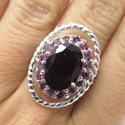 FADI 925 Sterling Silver Red Garnet & Tourmaline Twisted Statement Ring Size 7