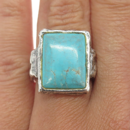 925 Sterling Silver Vintage Real Turquoise Gemstone Modernist Ring Size 6