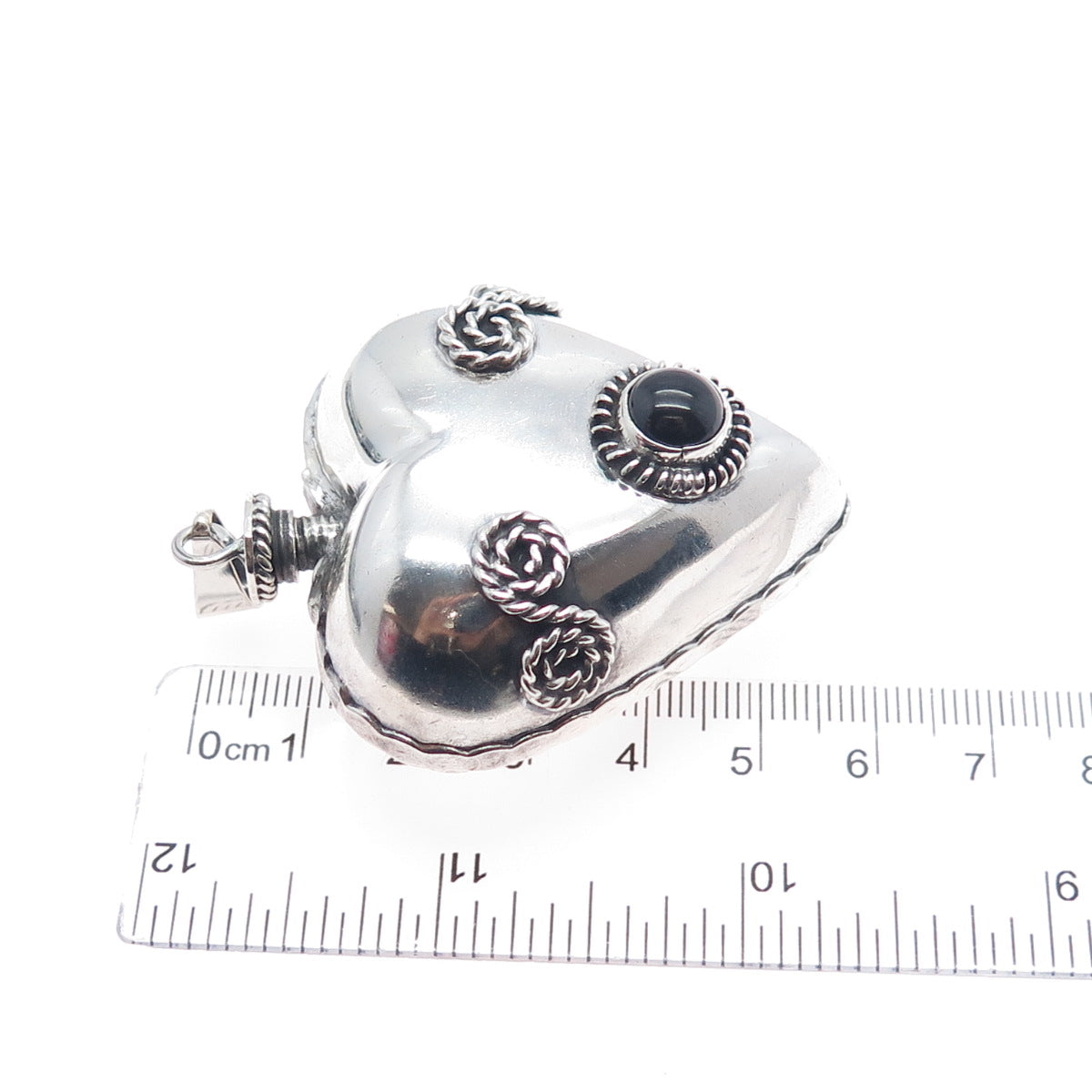 925 Sterling Silver Vintage Mexico Real Black Onyx Heart Perfume Bottle Pendant