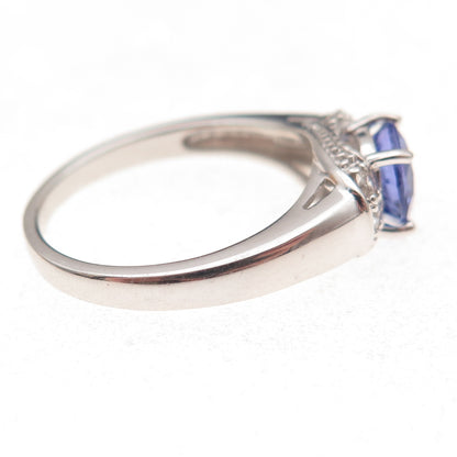 925 Sterling Silver Real Round-Cut Tanzanite & White Topaz Ring Size 8