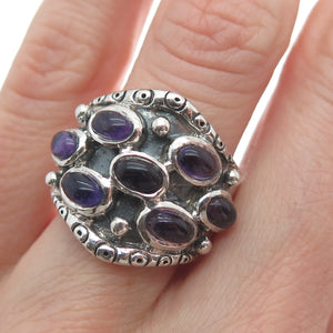 925 Sterling Silver Vintage Real Amethyst Modernist Oxidized Ring Size 7